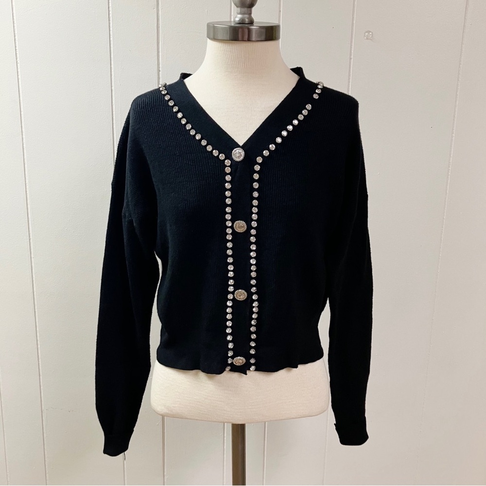 Vtg Y2k Holiday LIV MILANO Rhinestone Ribbed Faux Cardigan Sweater Small Black